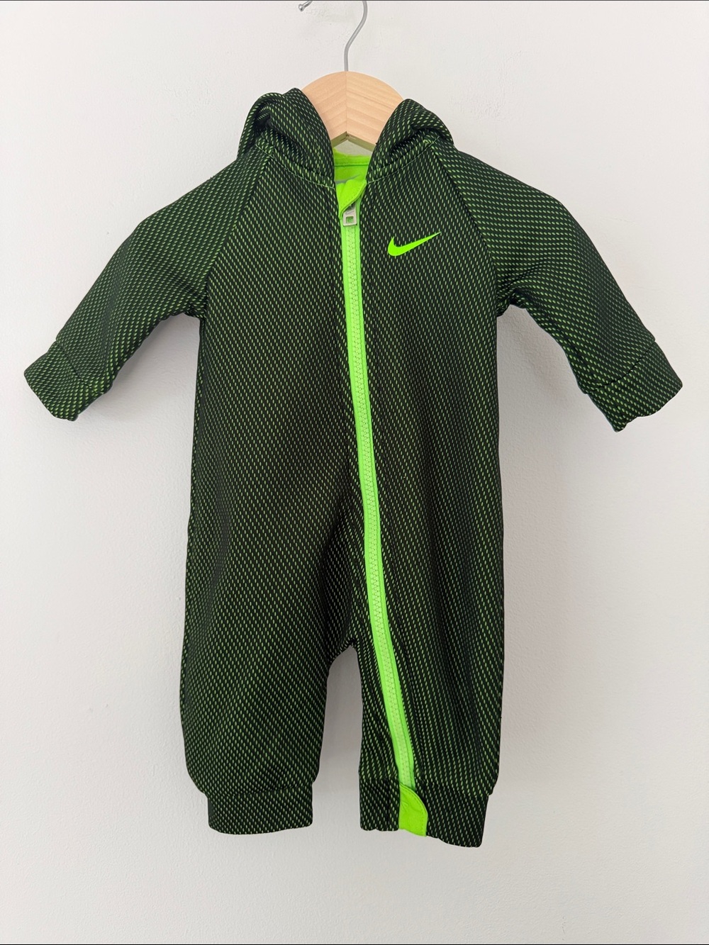 Nike Fleece Lined Neon Green Accent Hooded Baby One-Piece 3 Months
